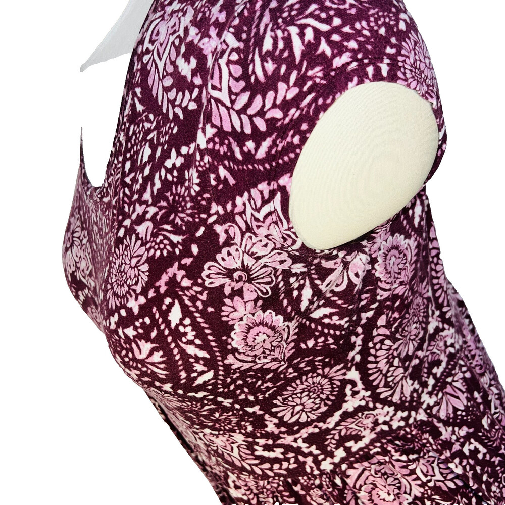 Faded Glory Top Womens XL Short Sleeve Blouse Burgundy Cottage Print Peplum Hem - Picture 7 of 13